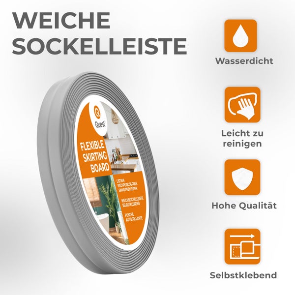 Quest Weichsockelleiste Selbstklebend 10 x 10 mm, PVC Knickleiste , Flexibel, Grau, 5 Meter