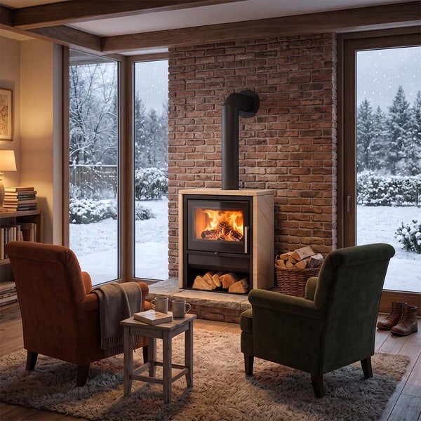 Gemütliches Wohnzimmer mit Kaminofen vor einer Ziegelwand, Blick auf eine verschneite Winterlandschaft durch große Fenster, zwei bequeme Sessel.