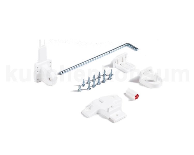 Möbelbeschlag-Set mit weißen Kunststoffteilen, einer Metallstange und Schrauben.