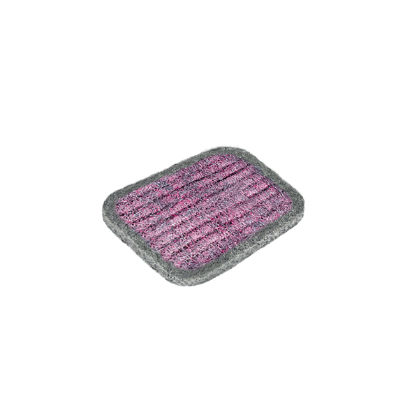 Rechteckiges Reinigungspad in Grau und Pink mit strukturierter Oberfläche.
