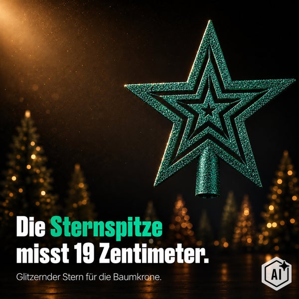 Glitzernde Weihnachtsbaumspitze in Sternform mit neunzehn Zentimetern Groesse fuer die Dekoration des Weihnachtsbaumes.