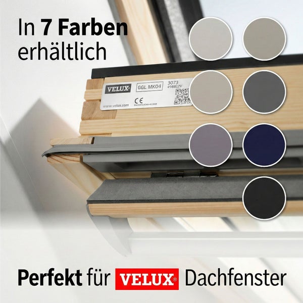VELUX Dachfenster GGL MK04 mit Typenschild, sieben Farbmustern und VELUX Logo. Text: In sieben Farben erhältlich. Perfekt für VELUX Dachfenster.
