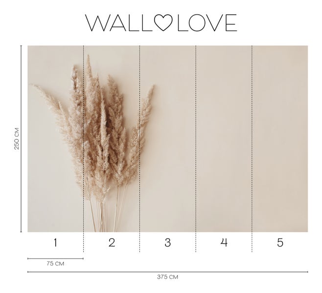 Wandtapete mit Pampasgras-Motiv und Größenangaben