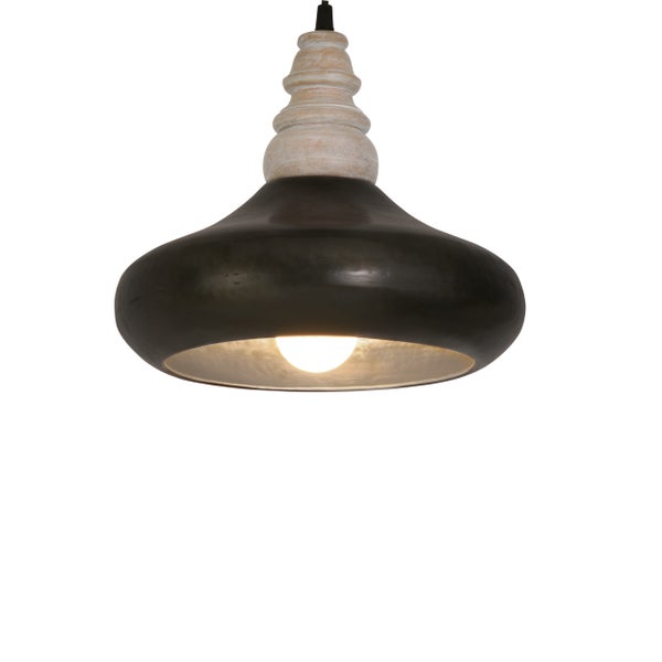 Hängelampe mit Holzaufsatz und schwarzem Schirm