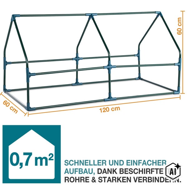 Gewächshaus Gestell mit 120 x 60 x 60 Zentimeter, 0,7 Quadratmeter Grundfläche, einfacher Aufbau durch beschriftete Rohre und Steckverbindungen.