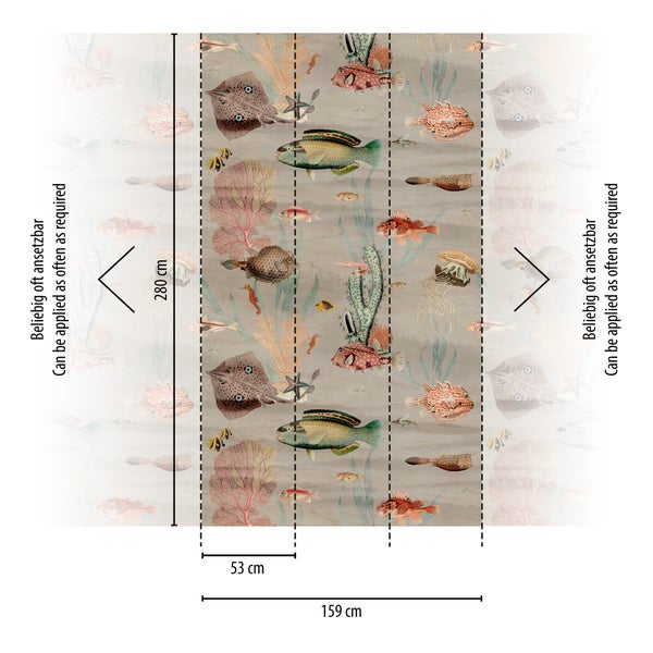 Vliestapete mit Unterwasser-Motiv, Fischen und Korallen. Höhe 280 Zentimeter, Bahnenbreite 53 Zentimeter, beliebig oft ansetzbar.