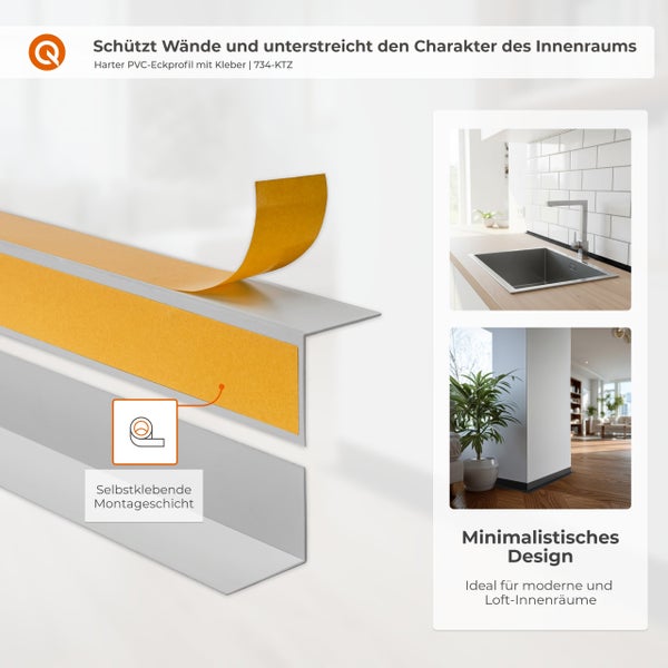 Quest Logo. Hartes PVC-Eckprofil mit selbstklebender Montageschicht für Wandschutz und minimalistisches Design in modernen Innenräumen.