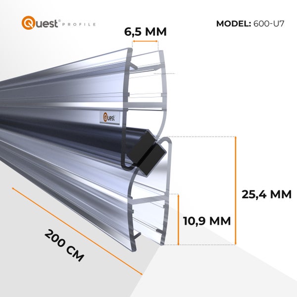 Quest Profile Dichtungsprofil, Modell 600-U7, 200 cm Länge, mit Maßangaben