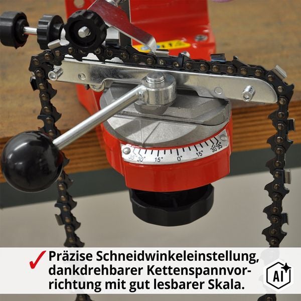 Kettenschärfgerät mit drehbarer Kettenspannvorrichtung und Skala für präzise Schneidwinkeleinstellungen