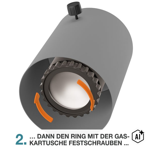 Illustrierte Anleitung zum Festschrauben einer Gaskartusche in ein Gerät, Schritt 2.