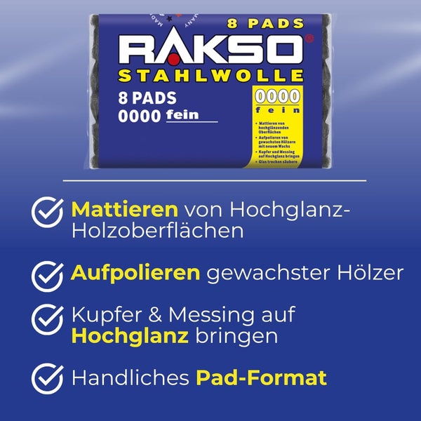 Rakso Stahlwolle, 8 Pads, Feinheitsgrad 0000 extra fein, zum Mattieren und Polieren von Holz, Kupfer und Messing.