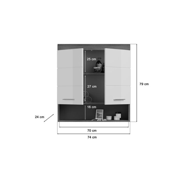Scout Badschrank wandhängend 2 Türen, 1 Ablage Hochglanz weiß,rauchfarbenen. 74 X 24 X 79 cm