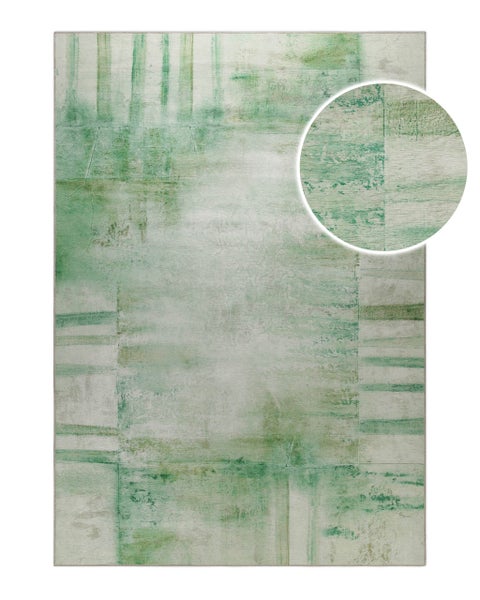 Rechteckiger Teppich mit abstraktem Muster in Grün und Beige sowie einer Detailansicht der Textur.
