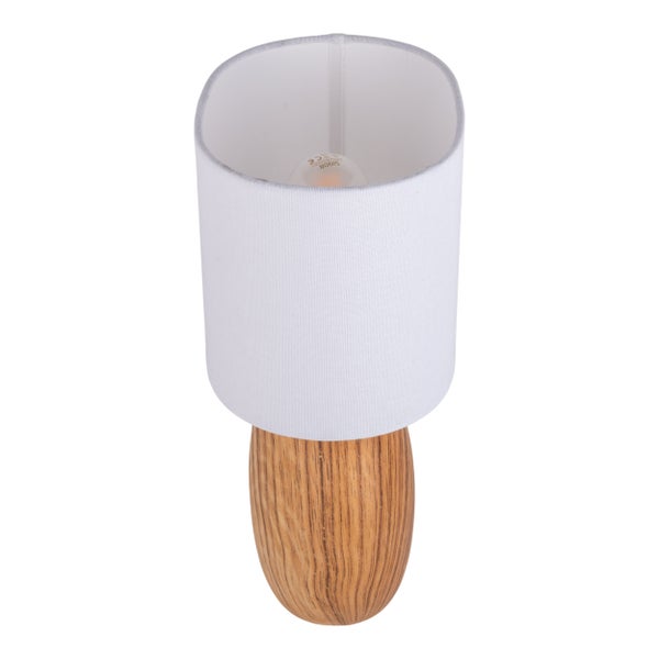 Tischleuchte mit Stoffschirm und Holzfuß