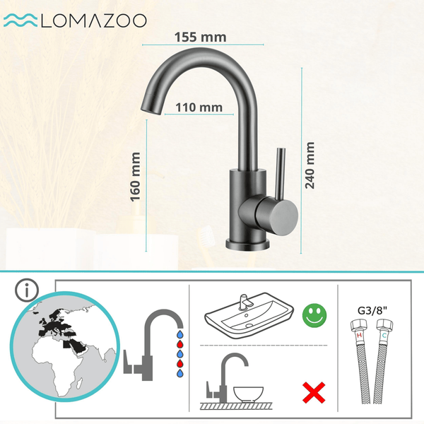 Lomazoo Waschbeckenarmatur mit Maßangaben, technischen Informationen und Anschlussdetails für den Waschtisch.