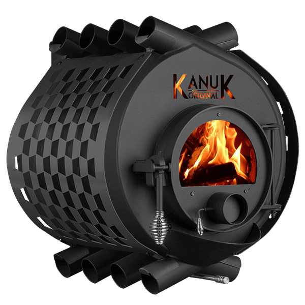 Kanuk Original Werkstattofen aus Stahl mit runder Brennkammer, Konvektionsrohren und Sichtscheibe mit brennendem Holzfeuer.