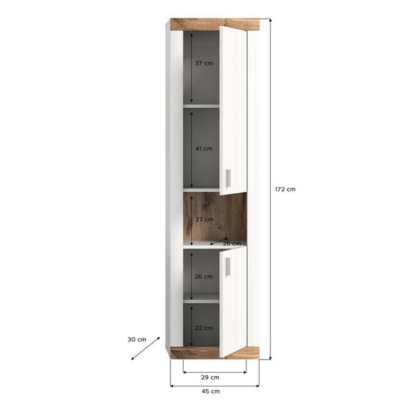 Laredo Hochschrank Bad wandhängend 2 Türen, 1 Ablage  matt weiß,Eiche dekor,weiß. 45 X 30 X 172 cm