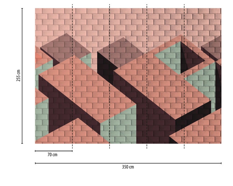 Fototapete mit 3D-Effekt, geometrische Formen in Ziegelsteinoptik, Maße 350 mal 255 Zentimeter, Bahnenbreite 70 Zentimeter.