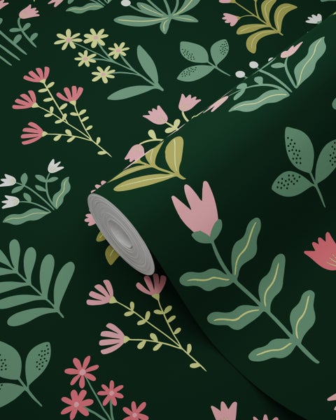 ESTAhome Tapete Feldblumen Dunkelgrün und Rosa - 50 x 900 cm - 131099