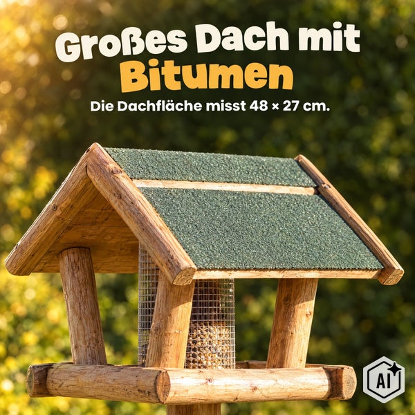 Vogelhaus aus Holz mit einem großen mit Bitumen gedeckten Dach und einem integrierten Futterspender. Die Dachfläche beträgt 48 mal 27 Zentimeter.