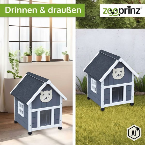 Katzenhaus aus Holz für drinnen und draußen mit wetterfestem Dach und Katzengesicht Motiv von Zooprinz Logo.
