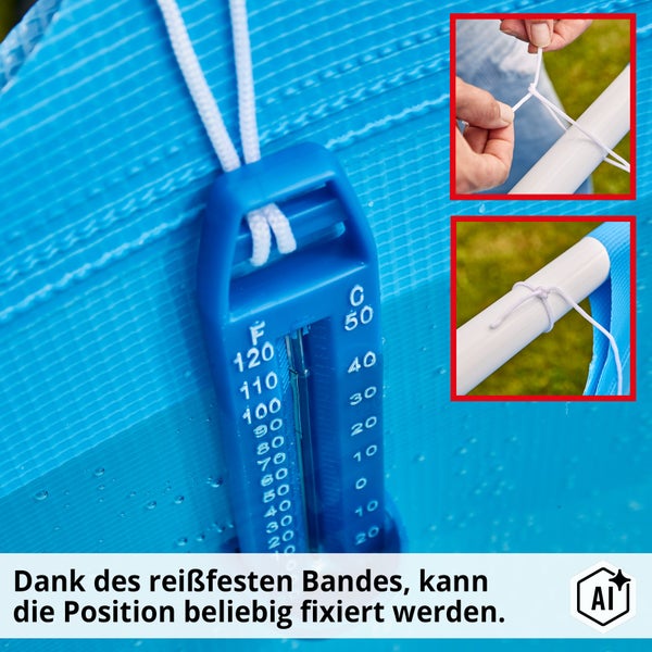 Poolthermometer mit reißfestem Band zur flexiblen Befestigung am Poolrohr, inklusive Detailaufnahmen der Knotentechnik.