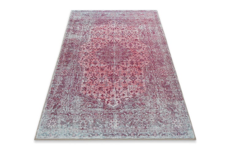 Rechteckiger Teppich in Rosa und Violett im Vintage-Stil mit orientalischem Muster.