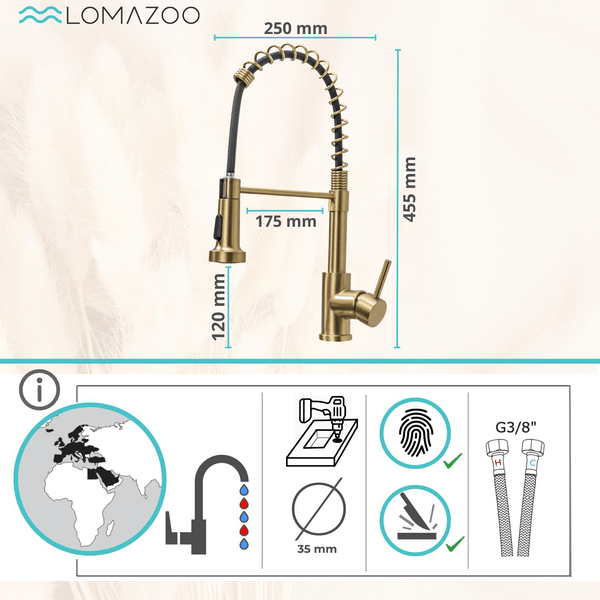 Lomazoo Küchenarmatur mit Ausziehbrause, Metall, inklusive technischer Zeichnung, Maßen und Installationshinweisen für Spültischarmaturen.