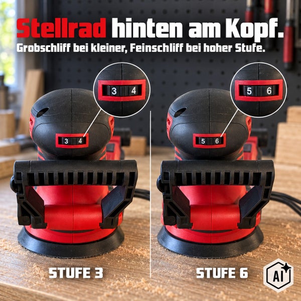 Exzenterschleifer mit Klettschleifteller, acht Absauglöchern und seitlichem Zusatzgriff auf einer Werkbank.