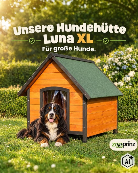 Holz Hundehütte Luna XL für große Hunde mit Satteldach und Lamellenvorhang im Garten aufgestellt mit liegendem Berner Sennenhund