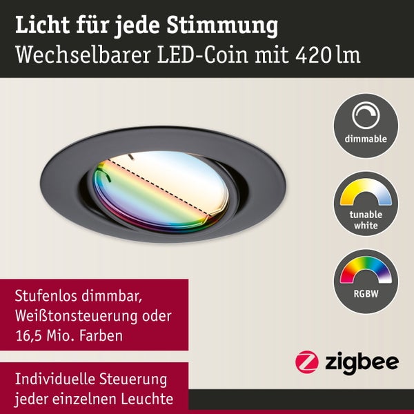 Wechselbarer LED Coin Strahler mit 420 Lumen, dimmbar, mit Tunable White Funktion, RGBW Farbwechsel und Zigbee Funkstandard zur Steuerung.