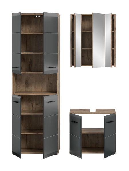 Dreiteiliges Badezimmermöbel Set in Eichenoptik mit grauen Fronten, bestehend aus Hochschrank, Spiegelschrank und Waschbeckenunterschrank.