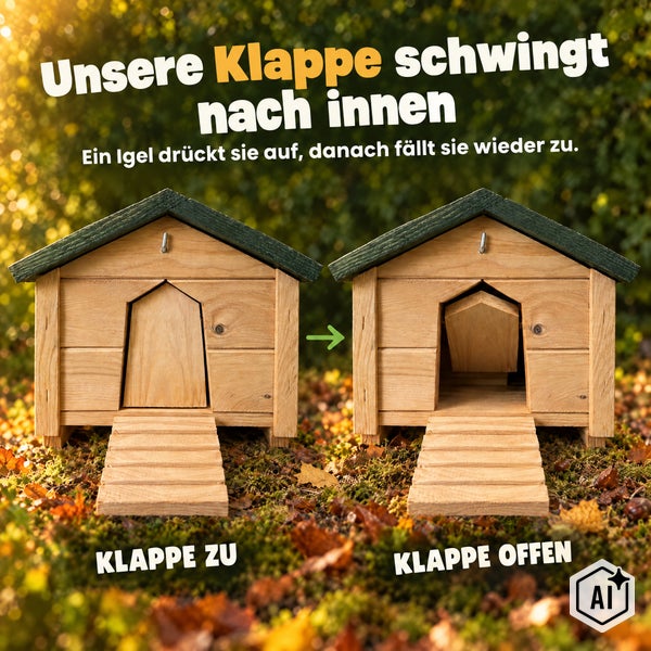 Innenansicht eines Holz-Igelhauses mit Trennwand, Holzboden und Pendelklappe als Eingang, dargestellt mit erklärenden Hinweisen.