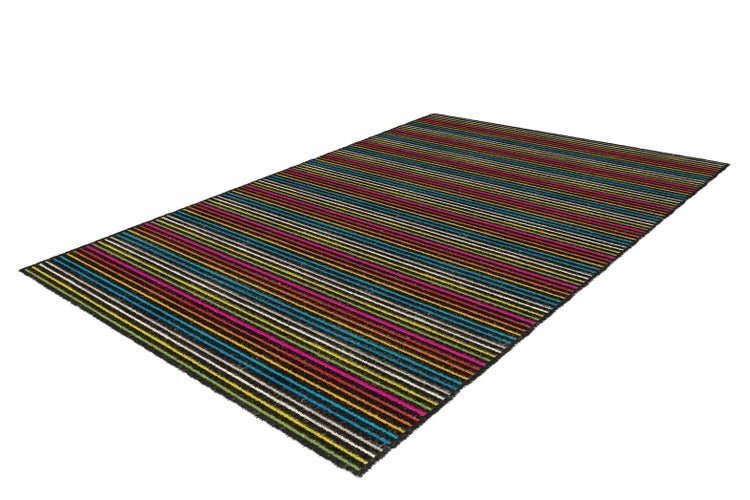 Rechteckiger Teppich mit bunten horizontalen Streifen.