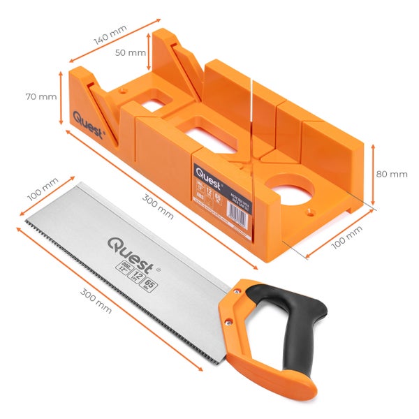 Quest Gehrungssäge mit Rückensäge und Maßangaben