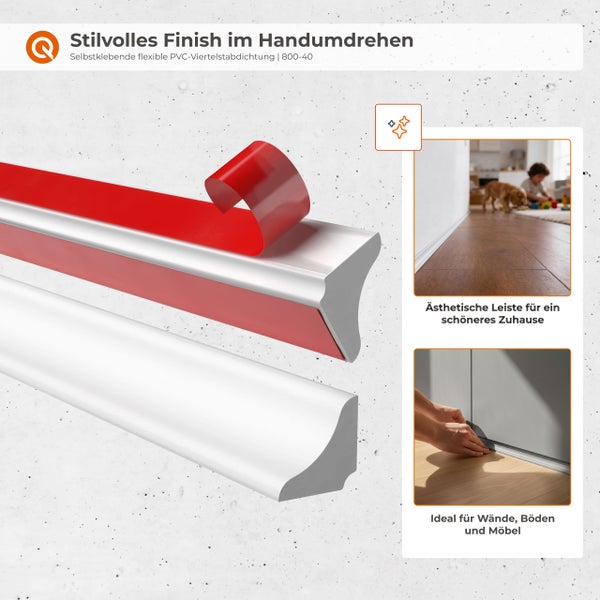 Infografik zur Montage der selbstklebenden flexiblen PVC Viertelstabdichtung mit Anweisungen zum Zuschneiden, Aufkleben und zur Lagerung der Rolle.