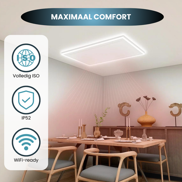 Infrarotpanel Quality Heating HL Serie 63x108cm 700W Metall weiß inkl. LED-Stimmungsbeleuchtung, WiFi, Thermostat & Fernbedienung, spritzwassergeschützt