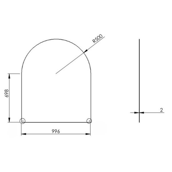 Maßzeichnung einer bogenförmigen Bodenschutzplatte mit 996 Millimeter Breite, 698 Millimeter Seitenhöhe und 2 Millimeter Stärke.