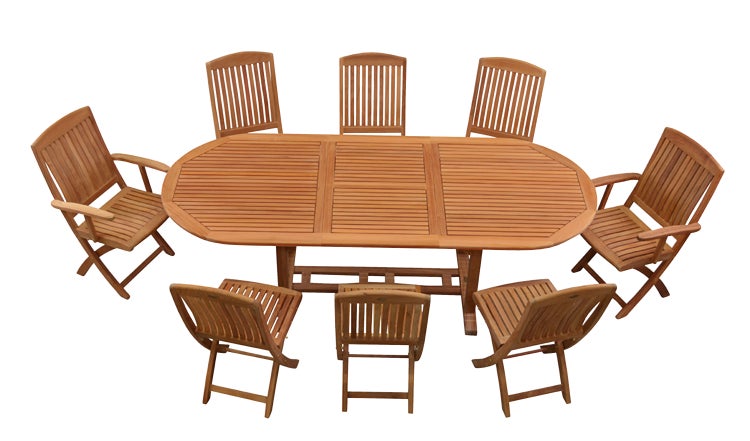Teak Sitzgruppe 8 Klappstühle und 1 Tisch ausziehbar 180 x 100 cm premium Set