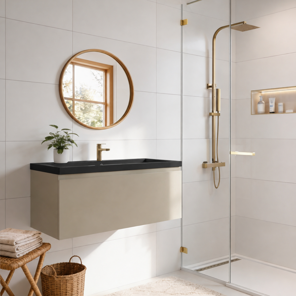 Modernes Badezimmer mit Waschtisch, rundem Spiegel, Dusche mit Glaswand und Armaturen in Metalloptik vor hellen Wandfliesen.