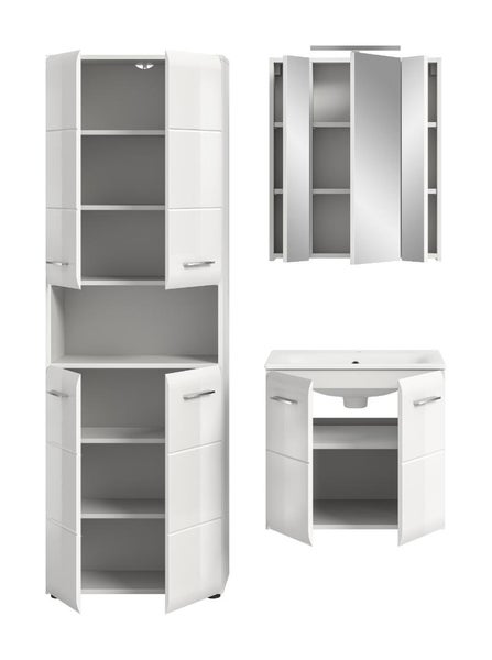 Badezimmermöbel-Set in Weiß bestehend aus einem Hochschrank, einem Spiegelschrank und einem Waschbeckenunterschrank inklusive Waschbecken.