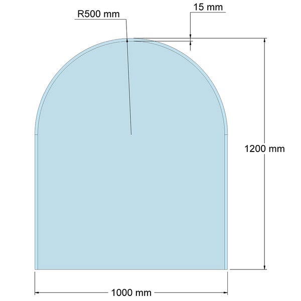 Maßzeichnung einer bogenförmigen Glaswand mit Breite 1000 Millimeter, Höhe 1200 Millimeter und Radius 500 Millimeter.