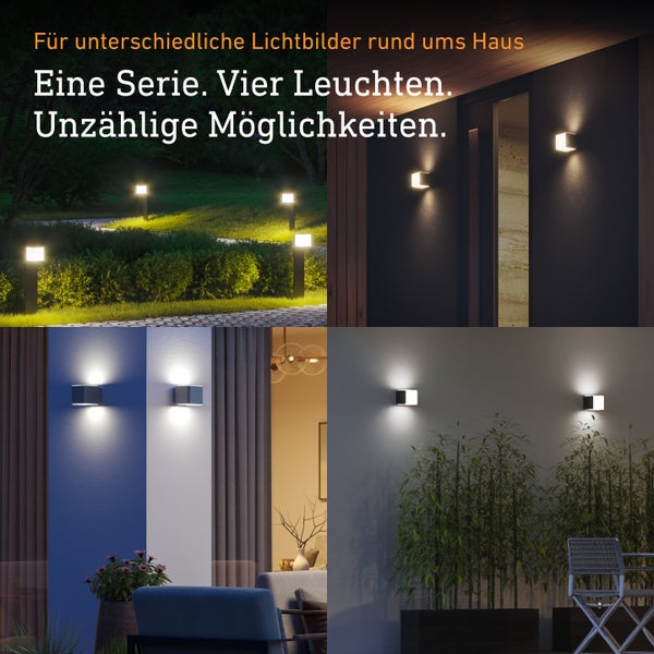 Vier verschiedene Außenleuchten in einer Collage, die Beleuchtungslösungen für Gartenwege und Hausfassaden zeigen.