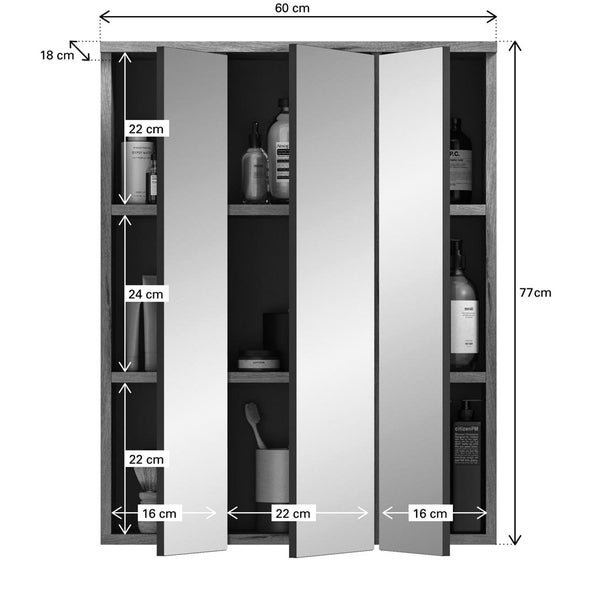Mason Spiegelschrank Bad 3 Türen mit Licht Eiche dekor. 60 X 18 X 77 cm