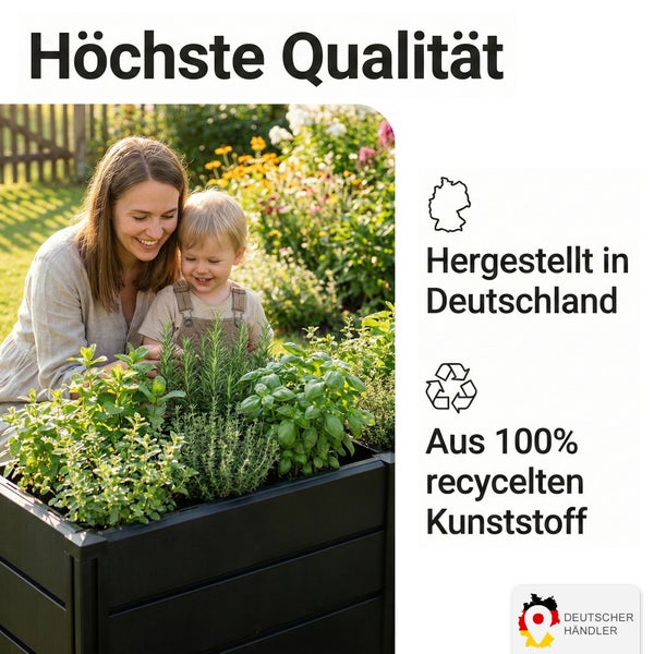 Mutter und Kind beim Gärtnern am Hochbeet aus Kunststoff, hergestellt in Deutschland aus 100 Prozent recyceltem Material.