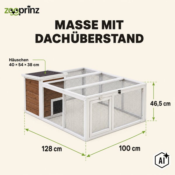 Maßzeichnung eines Kleintiergeheges mit integriertem Häuschen, Maße 128 mal 100 mal 46,5 Zentimeter inklusive Dachüberstand.