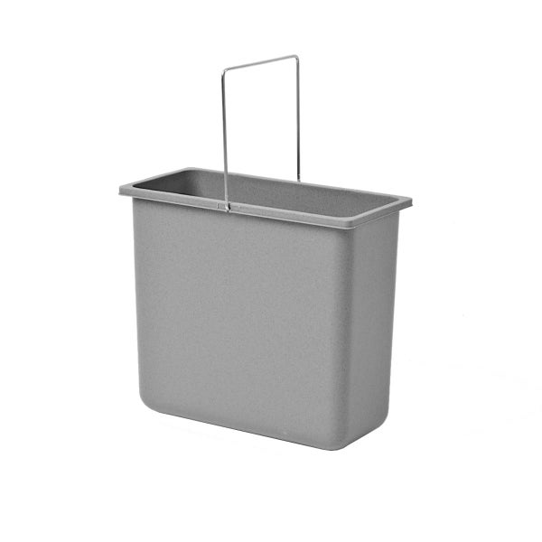 Grauer rechteckiger Abfalleimer aus Kunststoff mit einem stabilen Metallbügel zum Tragen.