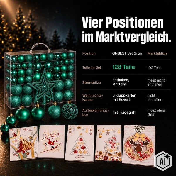 Weihnachtsbaumschmuck Set mit 128 Teilen inklusive Baumspitze und Grußkarten in einer Aufbewahrungsbox mit Tragegriff für den Weihnachtsbaum.