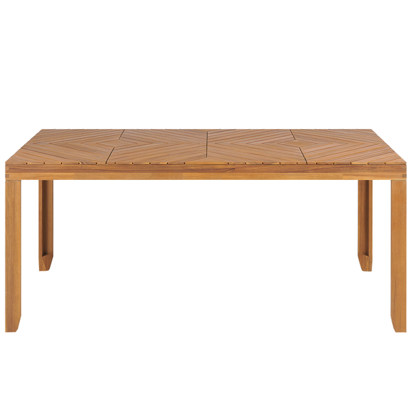 Rechteckiger Gartentisch aus Holz mit dekorativem Muster auf der Tischplatte und vier stabilen Beinen.