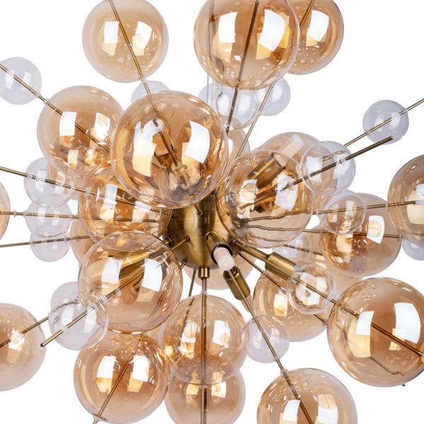 Moderne Pendelleuchte mit goldenen und transparenten Glaskugeln